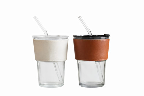 Glass Tumbler with Natural Leather Sleeve — Reusable with Straw